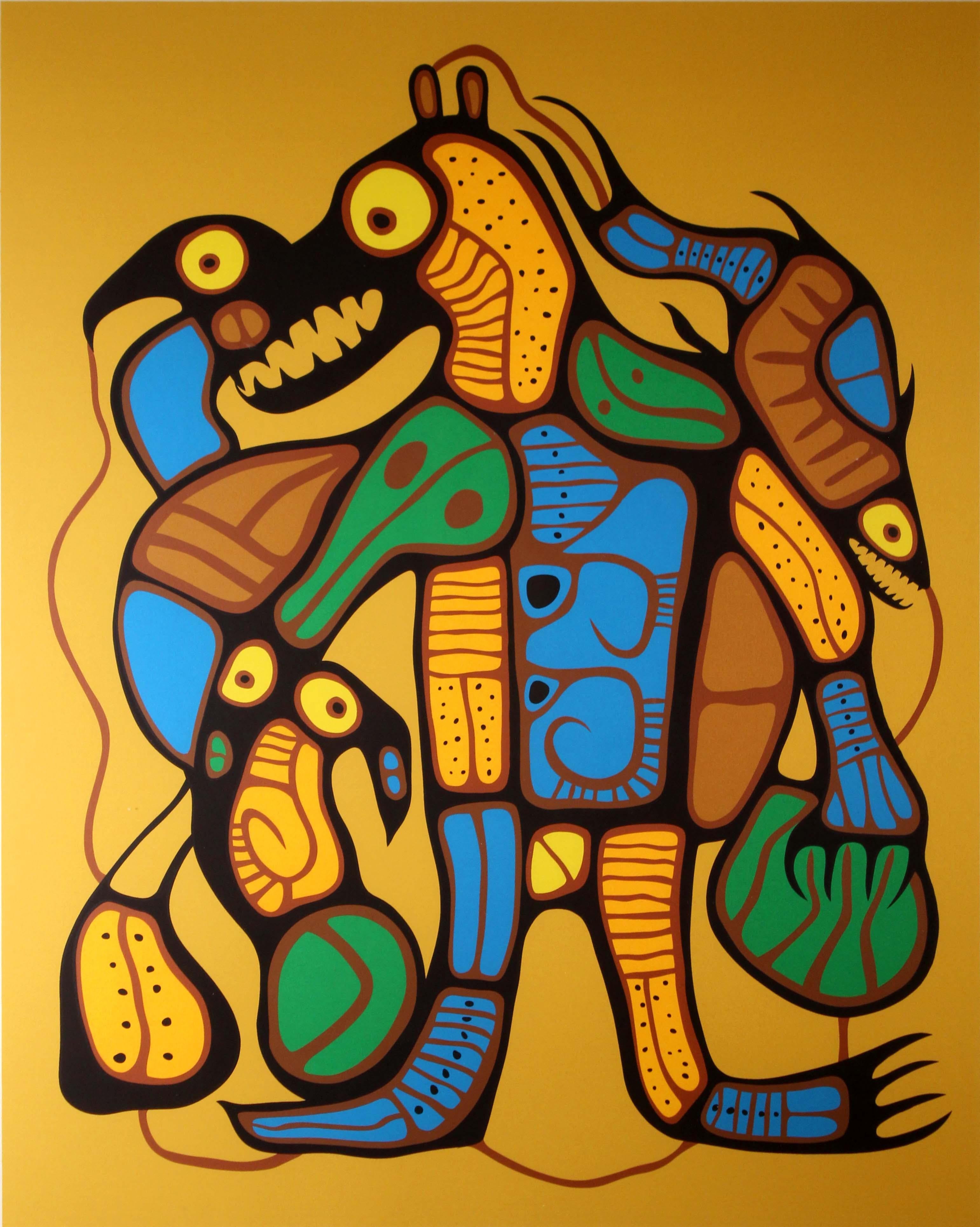 A modern folklore inspired screenprint on paper titled “Metamorphosis – Man Into Bear” by celebrated First Nation Canadian artist Norval Morrisseau. Hand signed in pencil on the bottom right, with an annotation of 33/99 mid bottom, and titled bottom