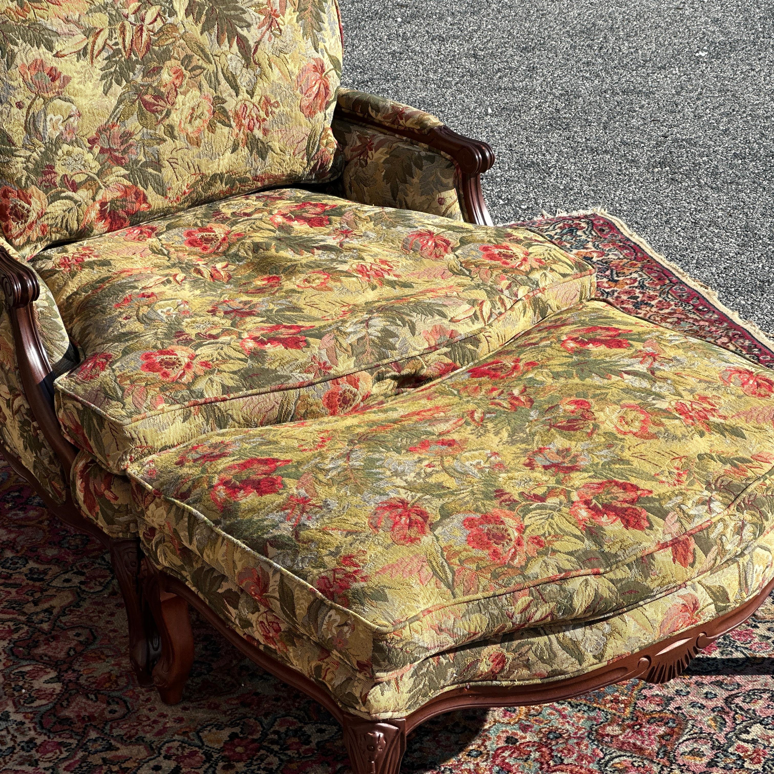 Hand-Crafted Norwalk Furniture French Bergere Chair & Ottoman Set in Floral Tapestry For Sale
