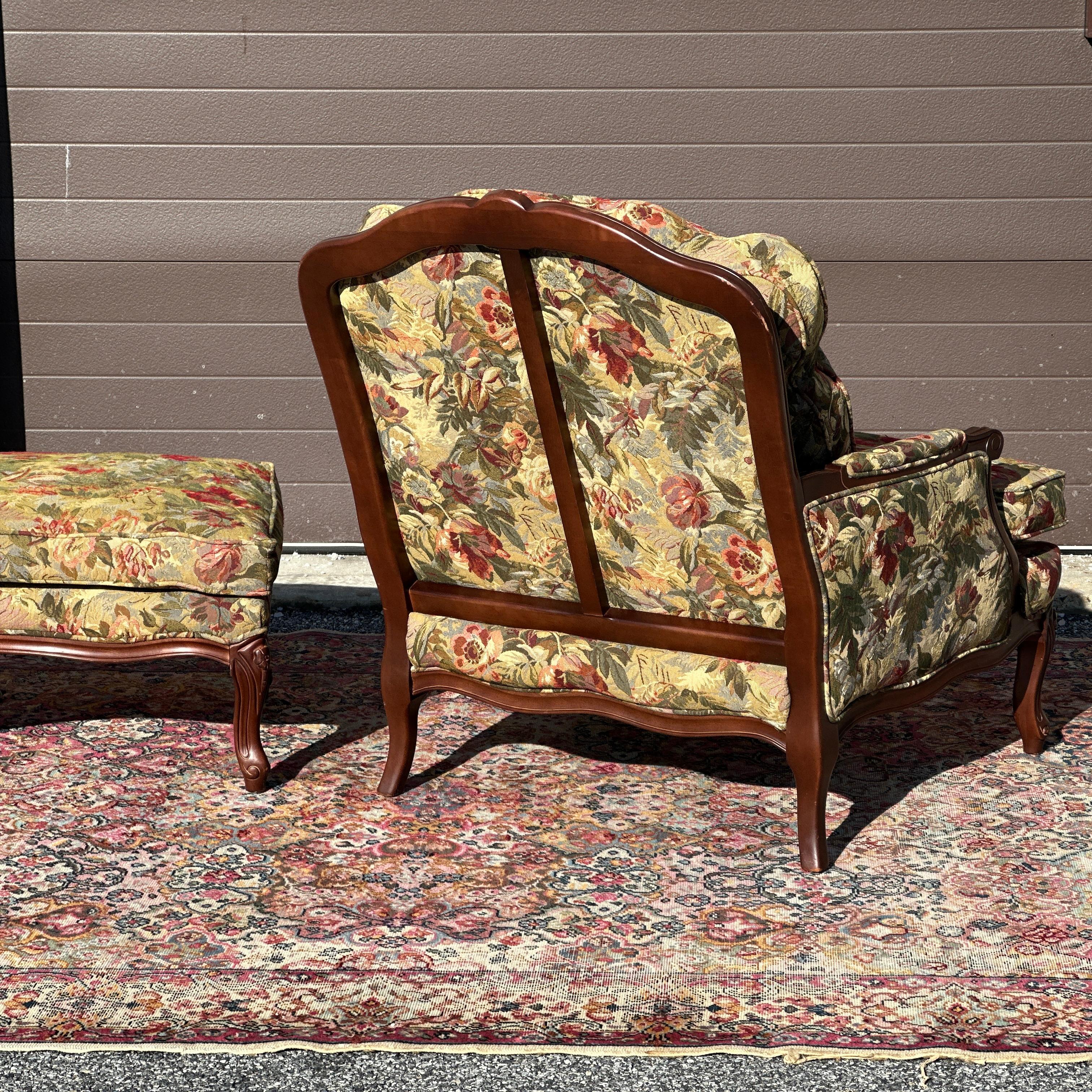 20th Century Norwalk Furniture French Bergere Chair & Ottoman Set in Floral Tapestry For Sale