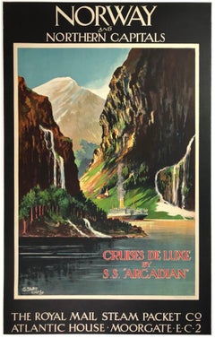 NORWAY AND NORTHERN CAPITALS Original Vintage Ocean Cruise Ship Travel Poster