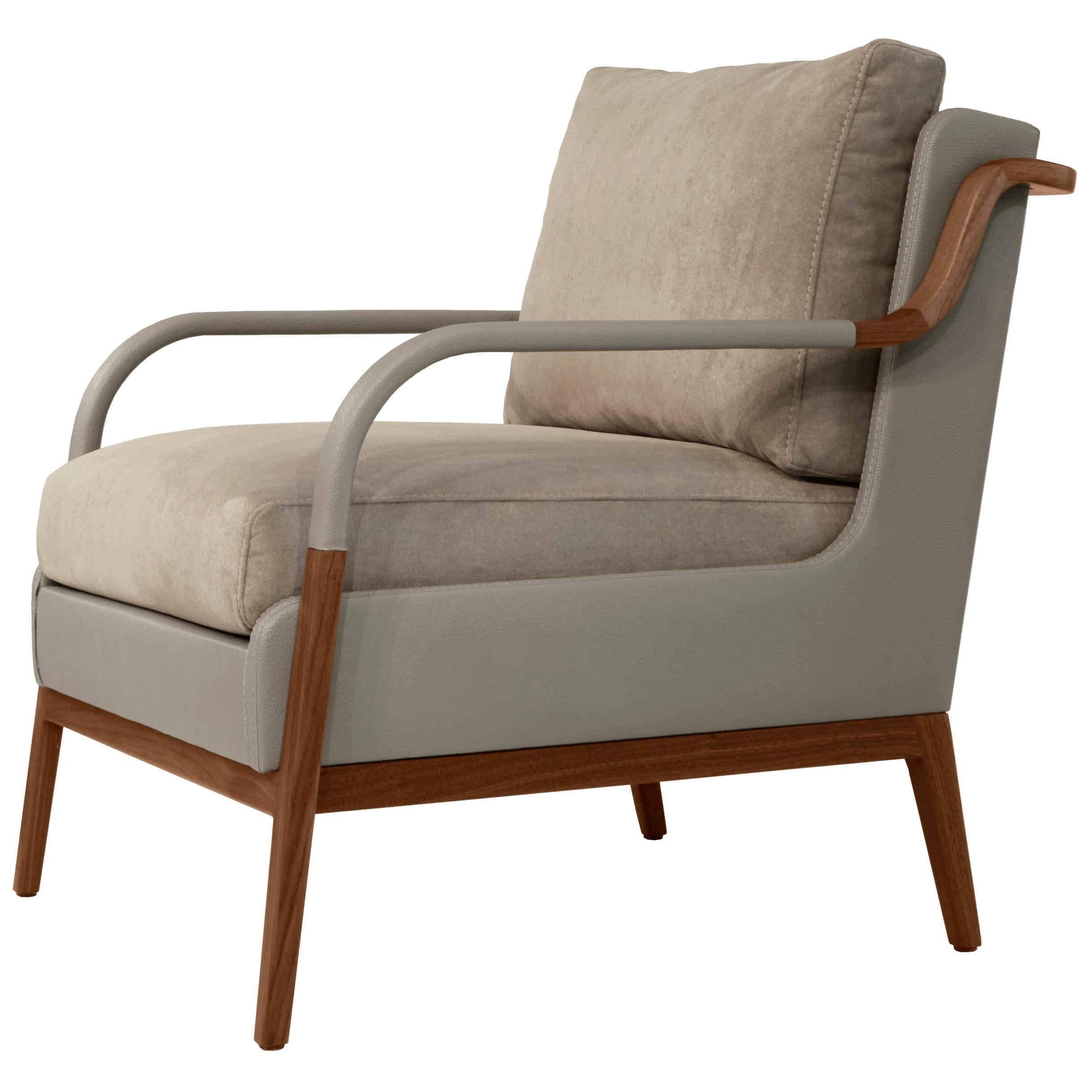 Norway Armchair, Curved Arm with Leather and Fabric Blend Upholstered Chair For Sale