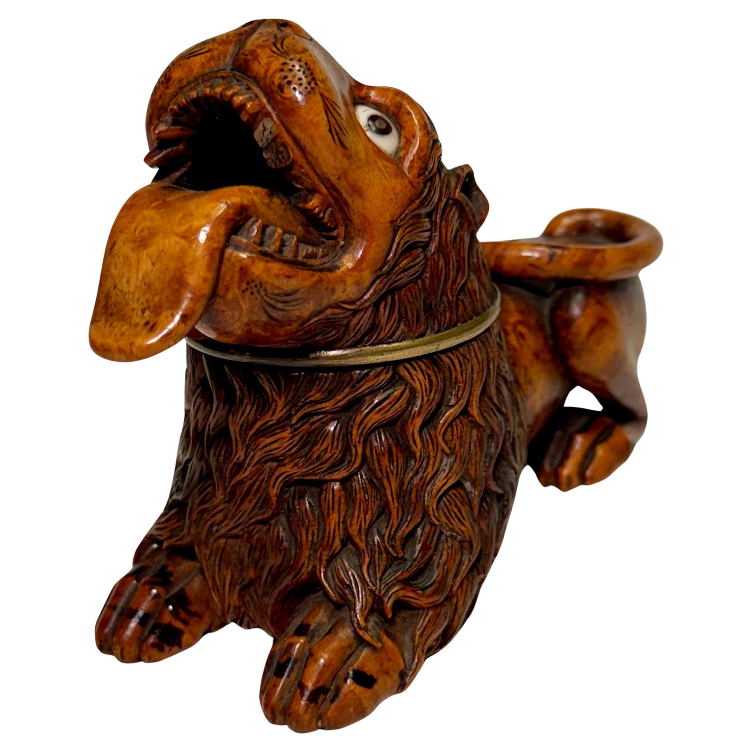 Amazing hand-carved 18th Century Norwegian Burlwood lion pipe-head with brass hardware.