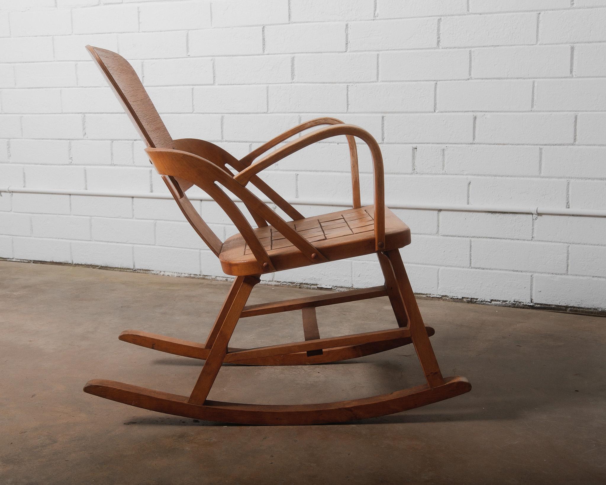 Scandinavian Modern Norwegian Aaslid Rocking Chair with Chess Pattern Seat For Sale