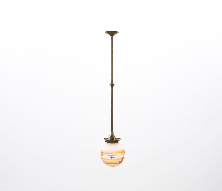 Wonderful Art Deco ceiling light with opaline shade with decorated surface and metal stem. Most likely designed and made in Norway by Høvik Verk from circa 1930s first half. The lamp is fully working and in good vintage condition. MAX 60W, E27 bulb.