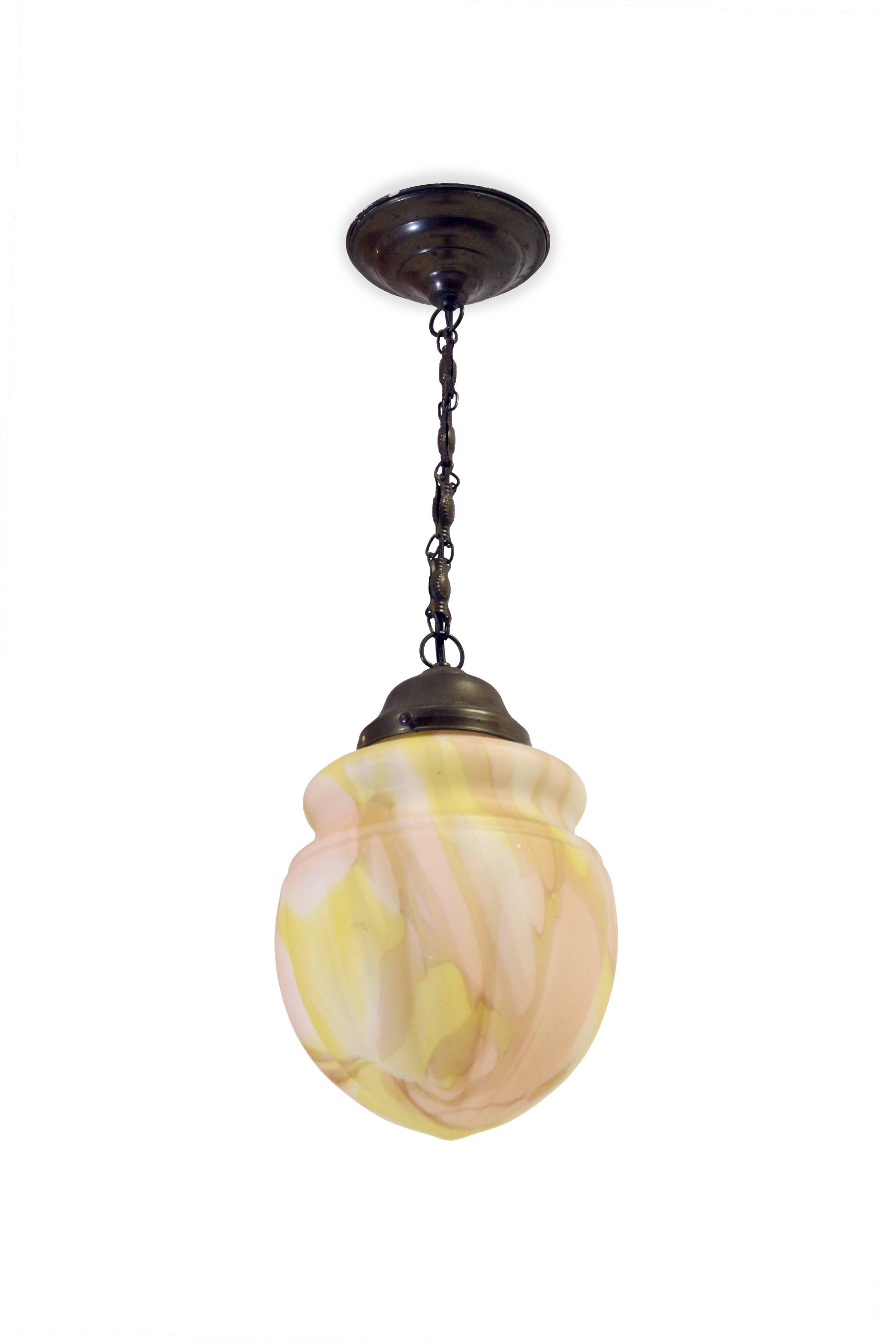 Wonderful and decorative Art Deco ceiling light in handblown glass shade and steel. Most likely designed and made in Norway by Høvik Verk from circa 1930s first half. The lamp is fully working and very good vintage condition.