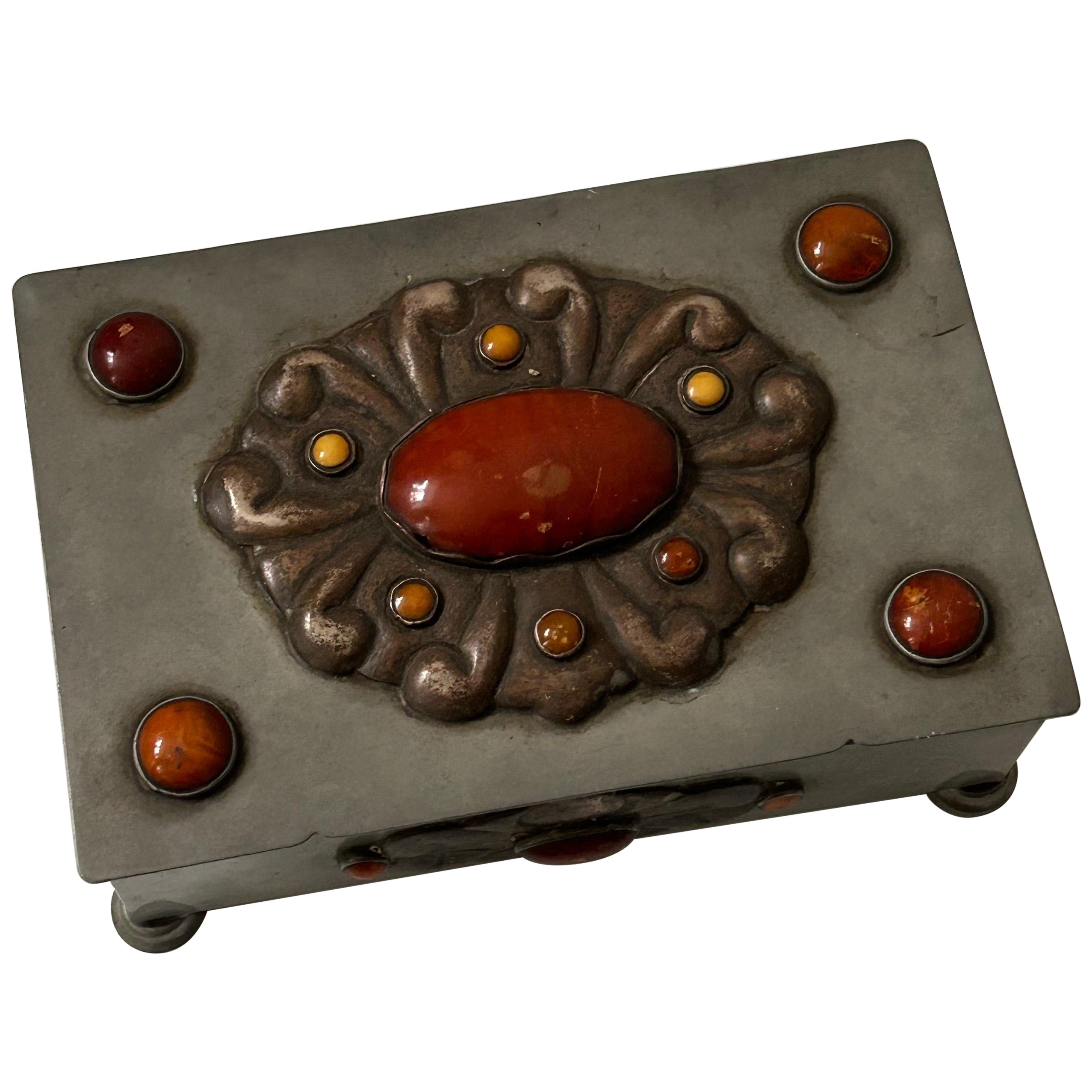 Norwegian Art Nouveau Lidded Box with Amber Cabochons, Norway, ca. 1900. For Sale