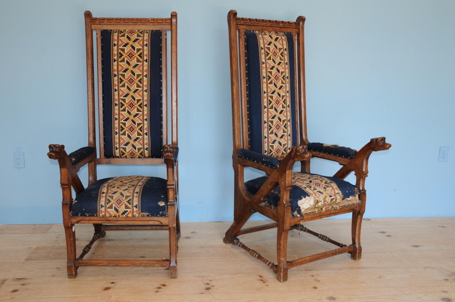 Arts and Crafts Norwegian Arts & Crafts Armchairs with Dog Heads, a Pair 'Two', circa 1890