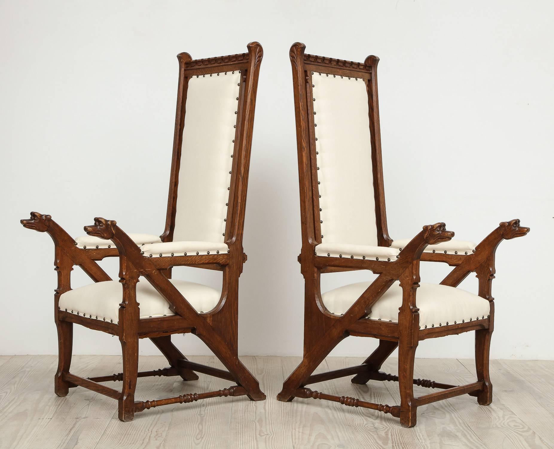 Oak Norwegian Arts & Crafts Armchairs with Dog Heads, a Pair 'Two', circa 1890