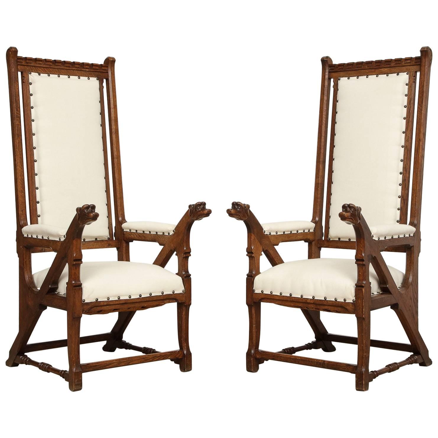 Norwegian Arts & Crafts Armchairs with Dog Heads, a Pair 'Two', circa 1890