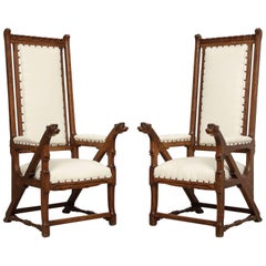 Antique Norwegian Arts & Crafts Armchairs with Dog Heads, a Pair 'Two', circa 1890