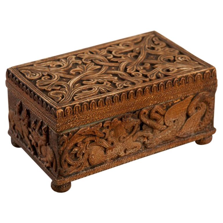 Norwegian Baroque Box, Carved Mythical Creatures + Figurative Scenes, Circa 1740 For Sale