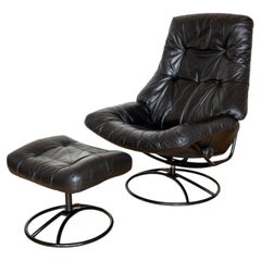 Norwegian Black Leather Lounge Chair & Footstool Swivel Reclining Ekornes 1980s