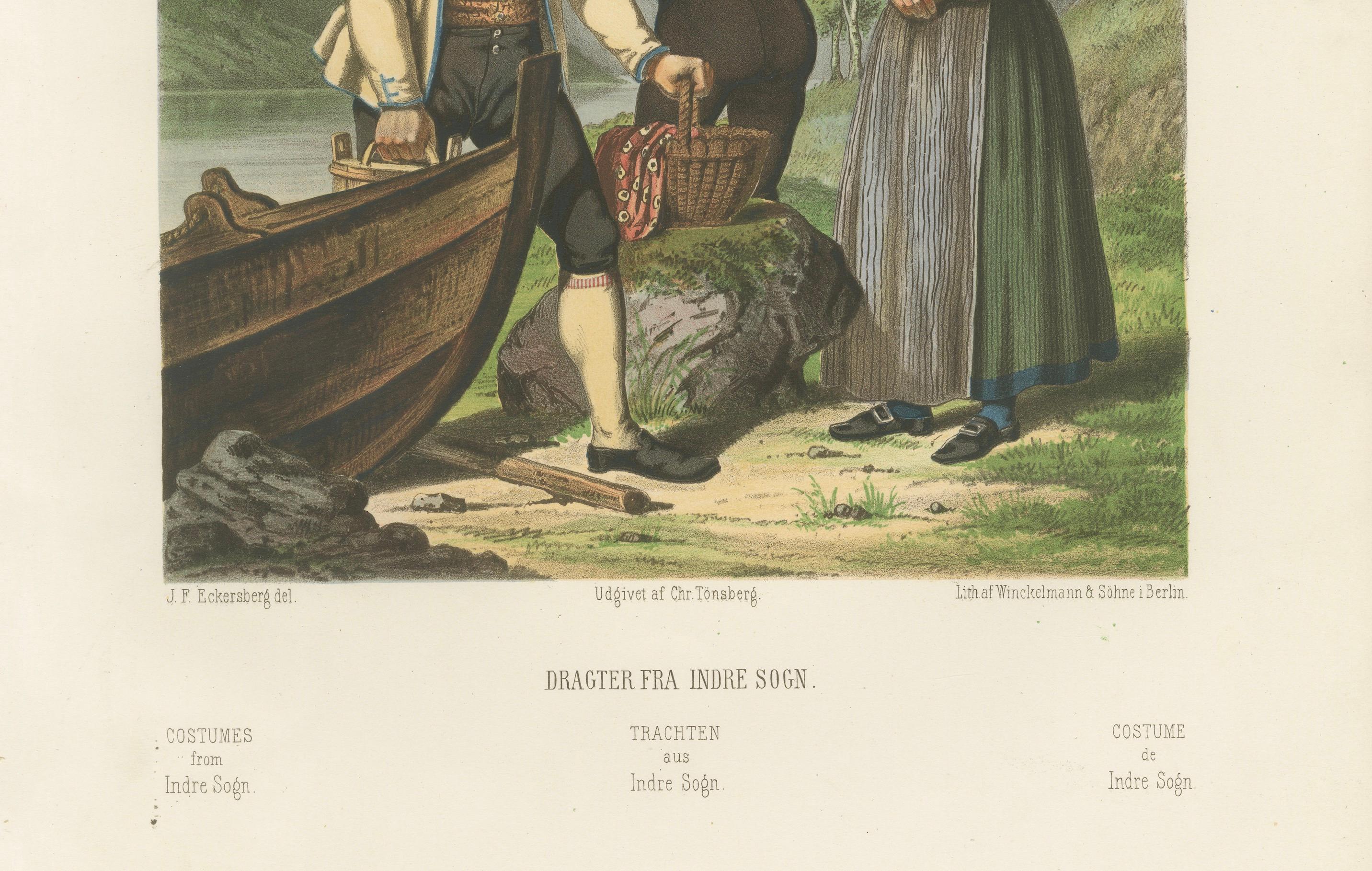 Norwegian Fjord Costume Scene – Indre Sogn, Tonsberg and Eckersberg Print

This scenic 19th-century chromolithograph captures traditional costumes from Indre Sogn, a fjord region in western Norway known for its dramatic landscapes and enduring