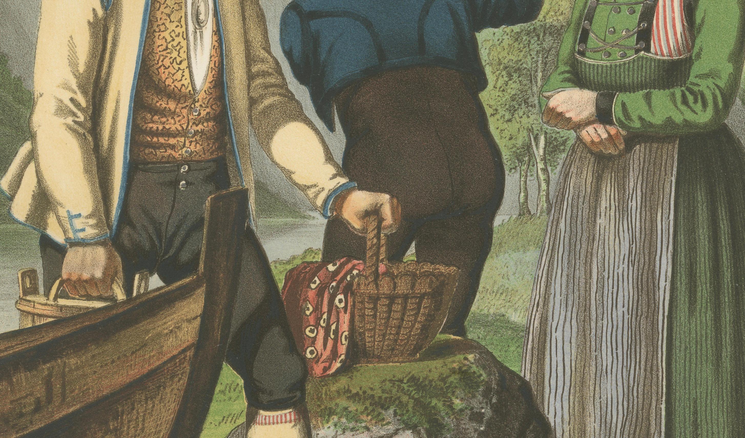 Tedesco Norwegian Boatmen and Women in Sogn Costume – Scenic Folk Illustration, c.1860 in vendita