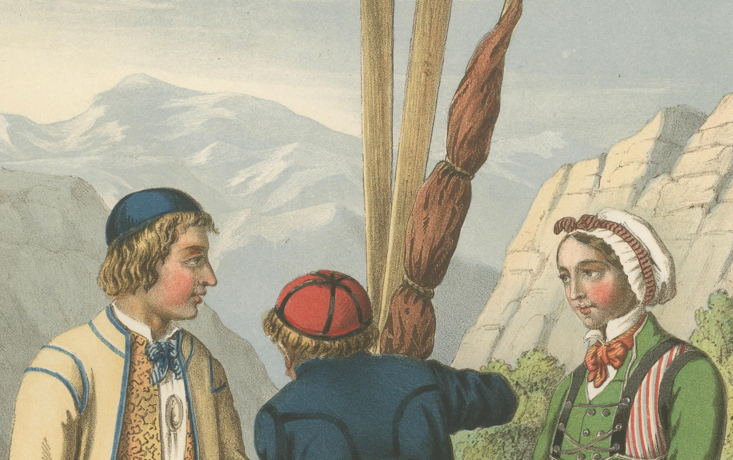 Norwegian Boatmen and Women in Sogn Costume – Scenic Folk Illustration, c.1860 In condizioni buone in vendita a Langweer, NL