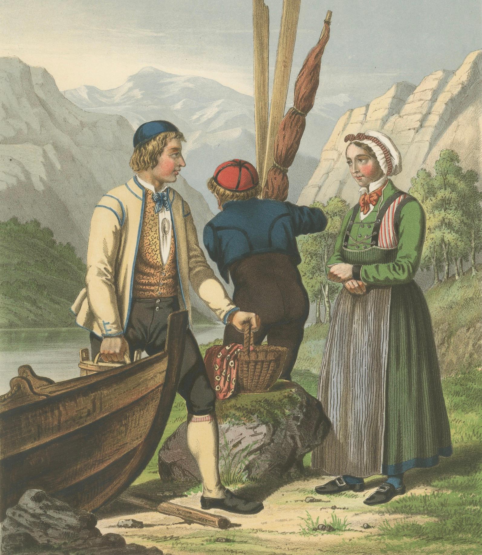 Metà XIX secolo Norwegian Boatmen and Women in Sogn Costume – Scenic Folk Illustration, c.1860 in vendita