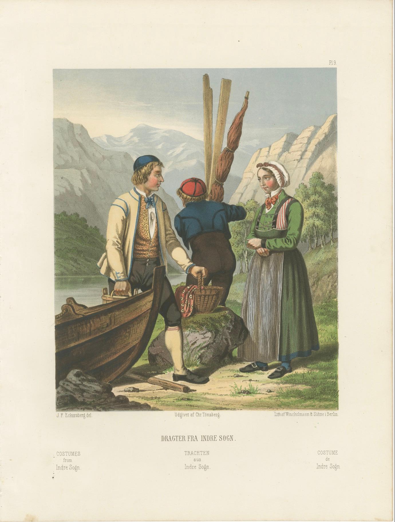 Norwegian Boatmen and Women in Sogn Costume – Scenic Folk Illustration, c.1860 in vendita 1