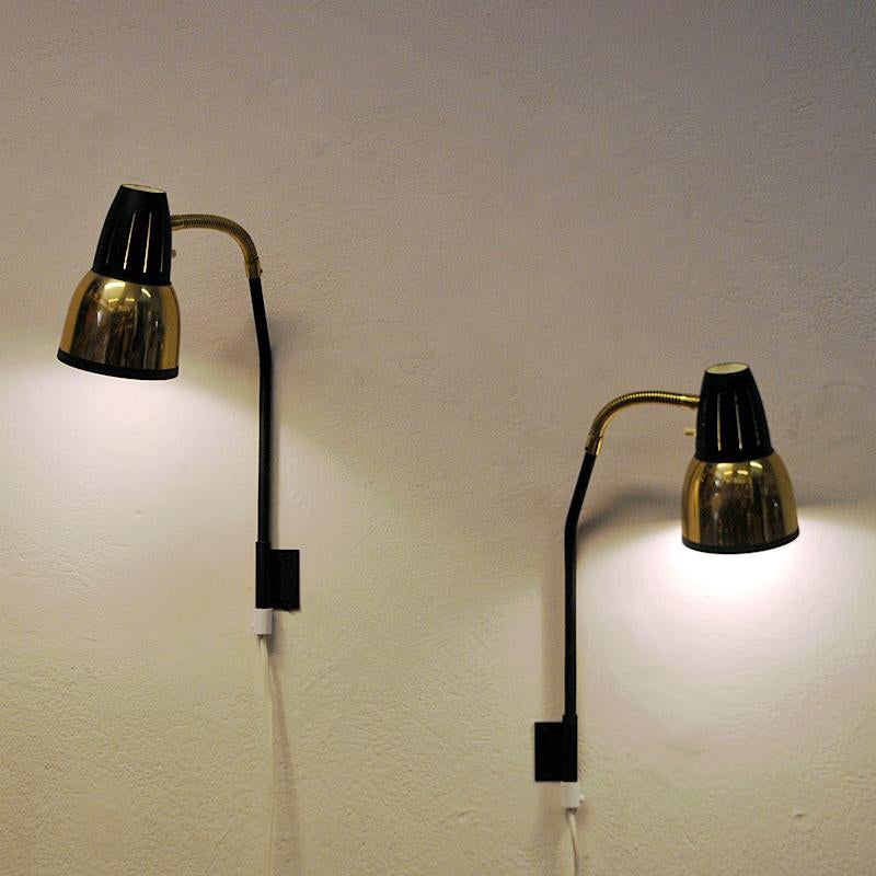 Mid-20th Century Norwegian brass and black metal wall lamp pair by RA-GLA 1960s For Sale