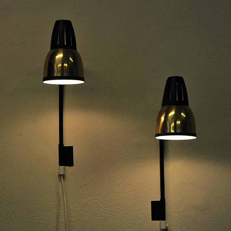 Norwegian brass and black metal wall lamp pair by RA-GLA 1960s For Sale 1