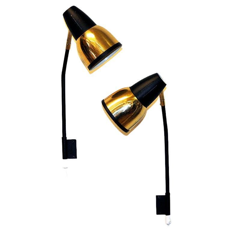 Norwegian brass and black metal wall lamp pair by RA-GLA 1960s For Sale