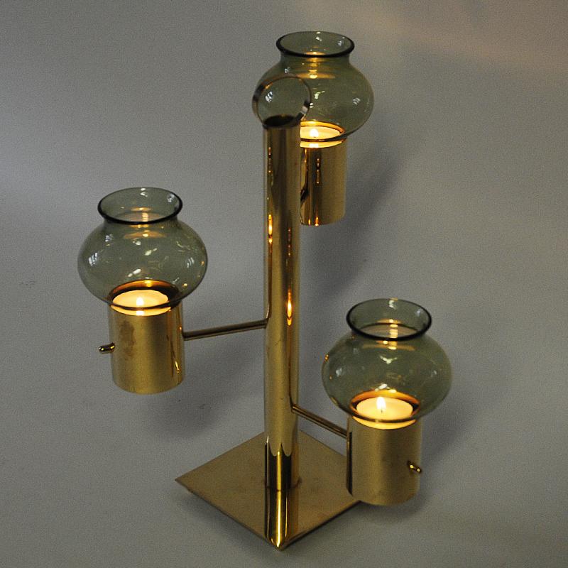 Scandinavian Modern Norwegian Brass Candleholder Three Arms with Green Glass Colseth 1960s