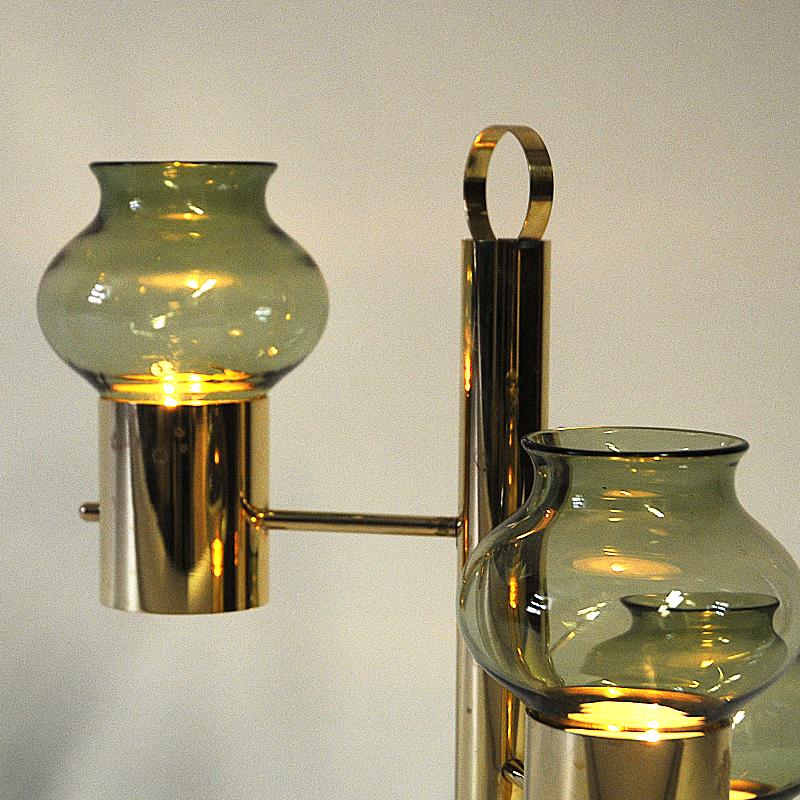 Norwegian Brass Candleholder Three Arms with Green Glass Colseth 1960s In Good Condition In Stockholm, SE