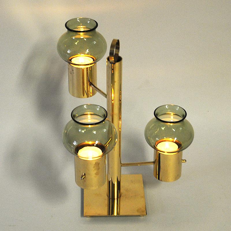 Mid-20th Century Norwegian Brass Candleholder Three Arms with Green Glass Colseth 1960s