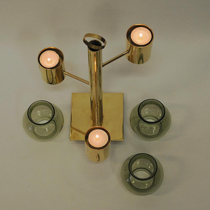 Norwegian Brass Candleholder Three Arms with Green Glass Colseth 1960s 1