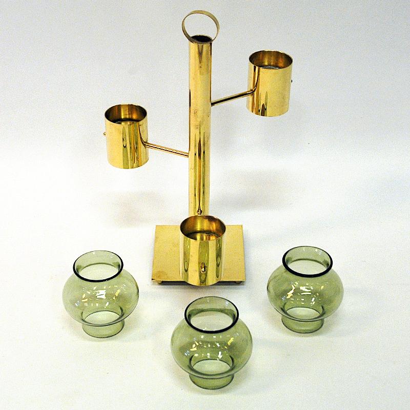 Norwegian Brass Candleholder Three Arms with Green Glass Colseth 1960s 2