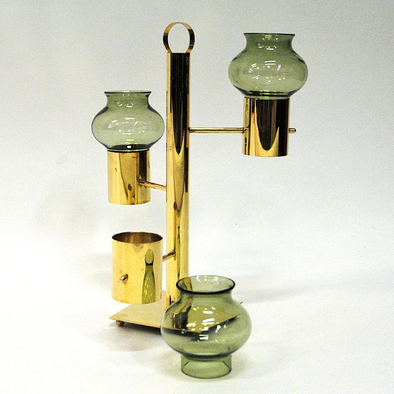 Norwegian Brass Candleholder Three Arms with Green Glass Colseth 1960s 3