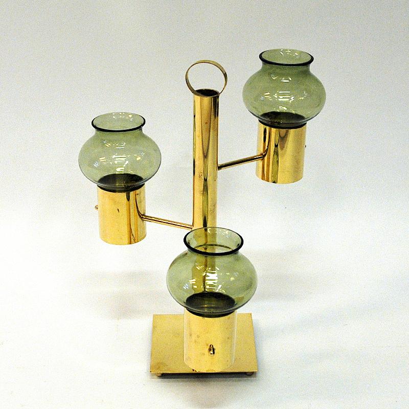 Norwegian Brass Candleholder Three Arms with Green Glass Colseth 1960s 4