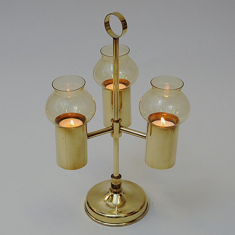 Norwegian Brass Candleholder with three arms and amber colored shades 1960s In Good Condition For Sale In Stockholm, SE