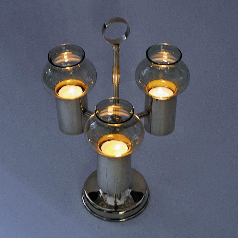Mid-20th Century Norwegian Brass Candleholder with three arms and amber colored shades 1960s For Sale