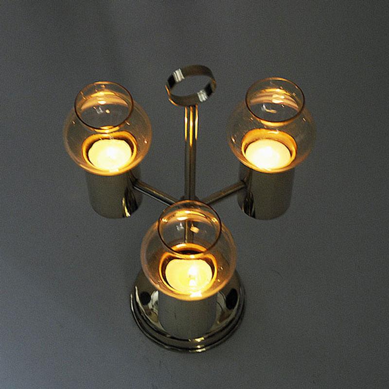 Norwegian Brass Candleholder with three arms and amber colored shades 1960s For Sale 1