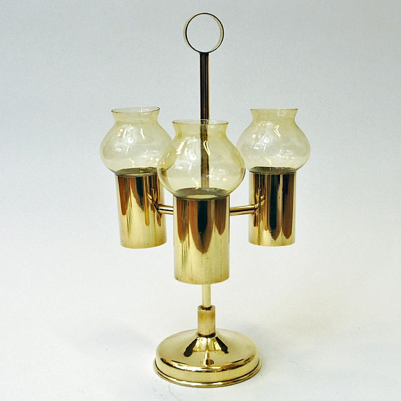 Norwegian Brass Candleholder with three arms and amber colored shades 1960s For Sale 3