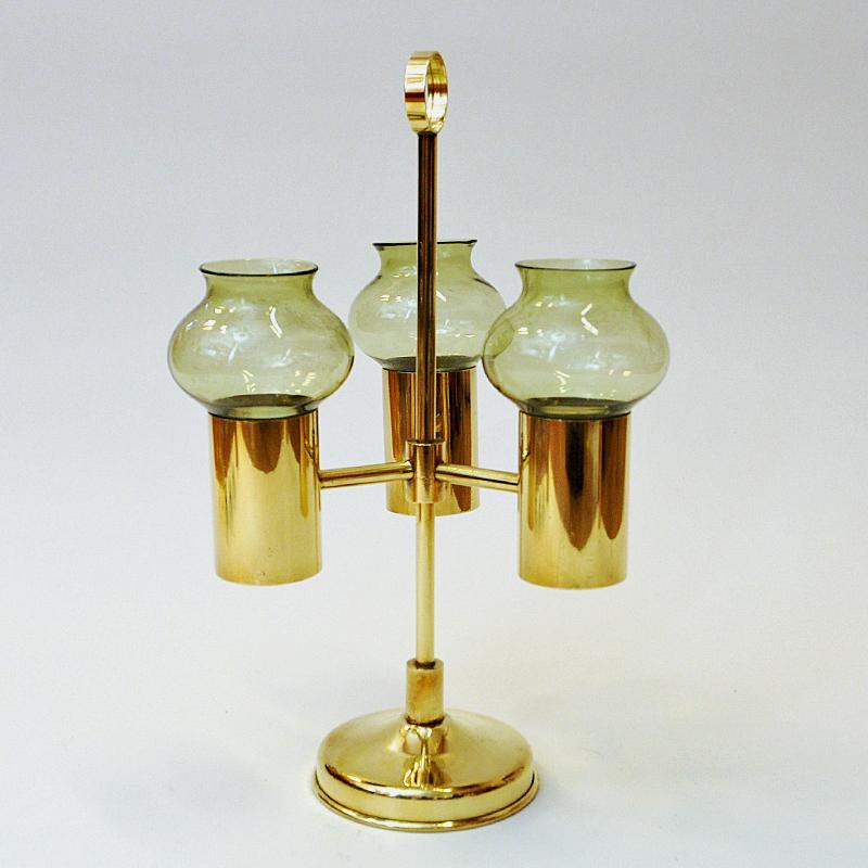 Scandinavian Modern Norwegian Brass Candleholder with Three Arms and Green Colored Shades, 1960s For Sale