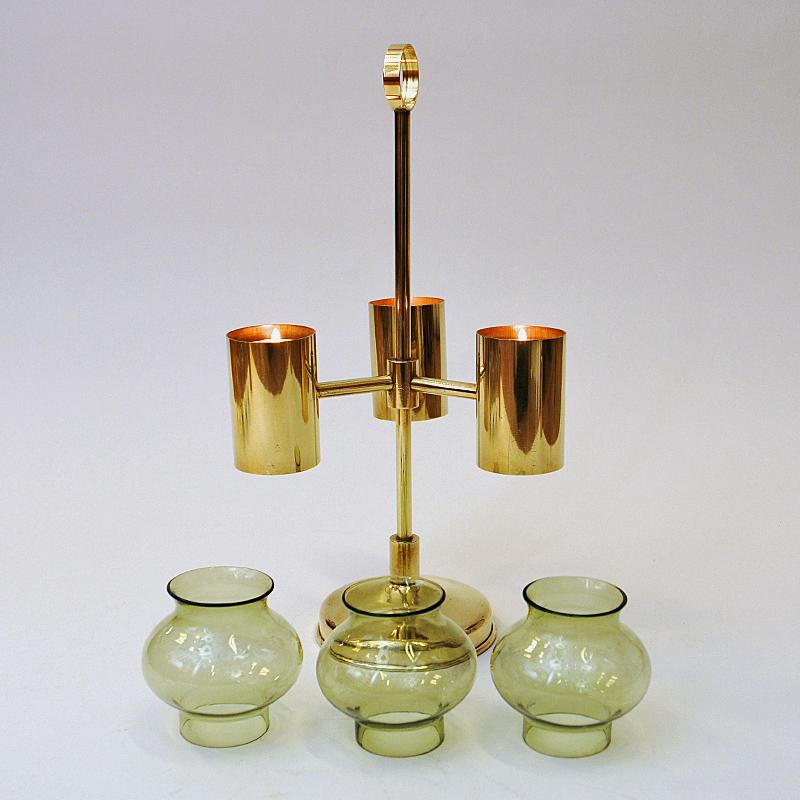 Norwegian Brass Candleholder with Three Arms and Green Colored Shades, 1960s In Good Condition For Sale In Stockholm, SE