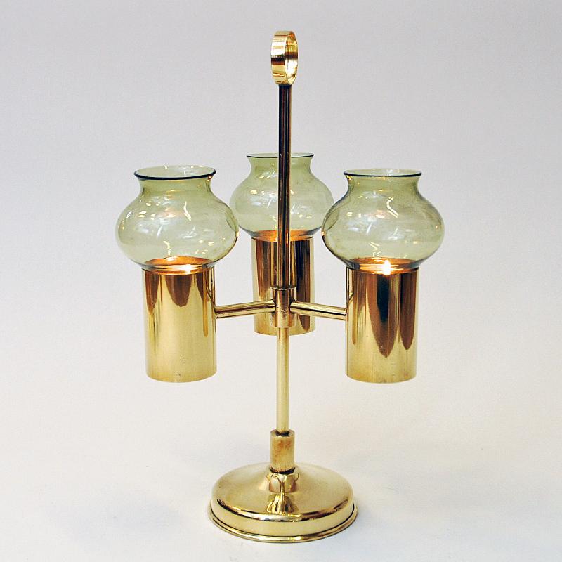 Mid-20th Century Norwegian Brass Candleholder with Three Arms and Green Colored Shades, 1960s For Sale