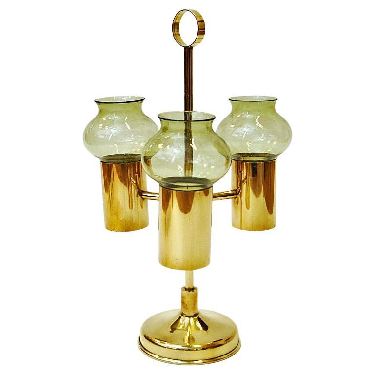 Norwegian Brass Candleholder with Three Arms and Green Colored Shades, 1960s For Sale