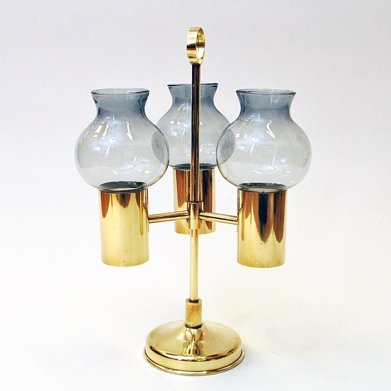 Scandinavian Modern Norwegian Brass Candleholder with Three Arms and Smoked Glass Shades, 1960s For Sale