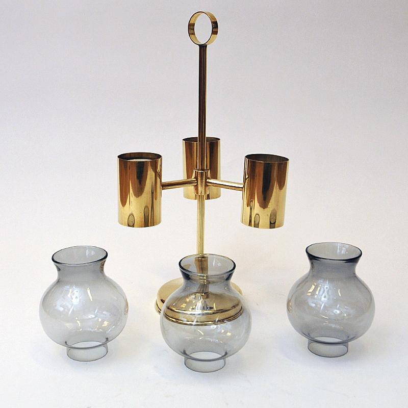 Norwegian Brass Candleholder with Three Arms and Smoked Glass Shades, 1960s In Good Condition For Sale In Stockholm, SE
