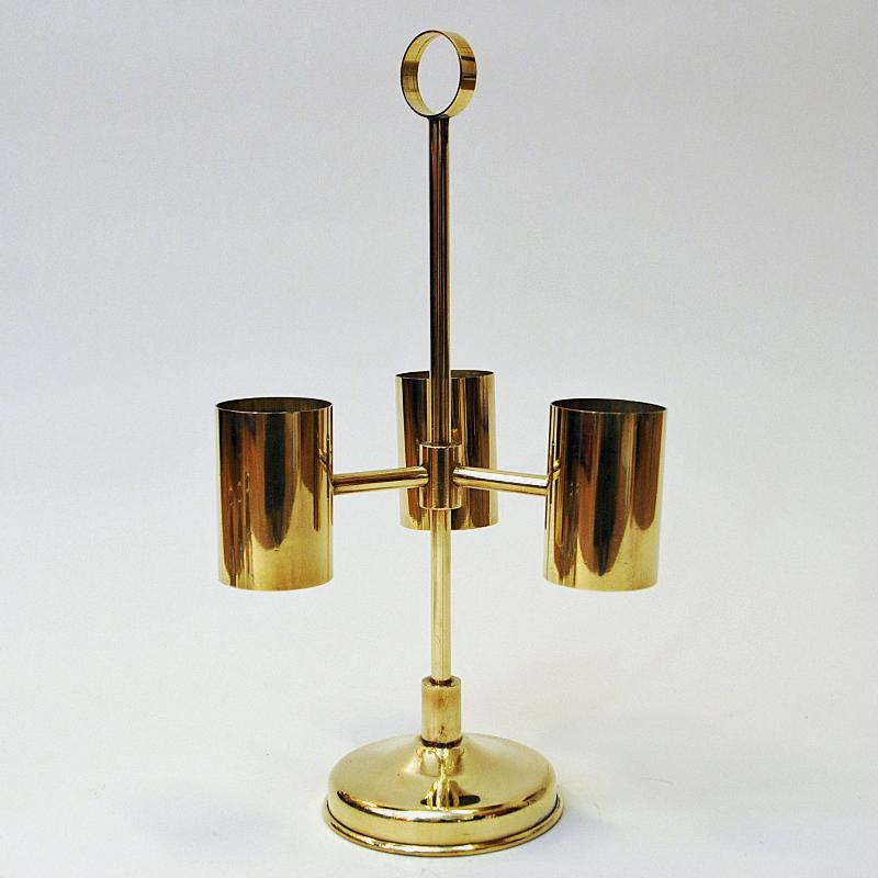 Mid-20th Century Norwegian Brass Candleholder with Three Arms and Smoked Glass Shades, 1960s For Sale