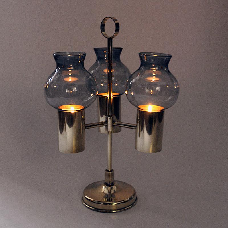 Norwegian Brass Candleholder with Three Arms and Smoked Glass Shades, 1960s For Sale 1