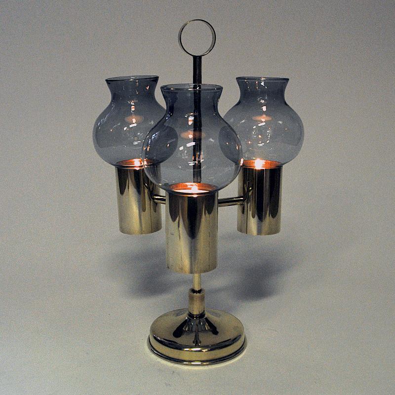 Norwegian Brass Candleholder with Three Arms and Smoked Glass Shades, 1960s For Sale 2