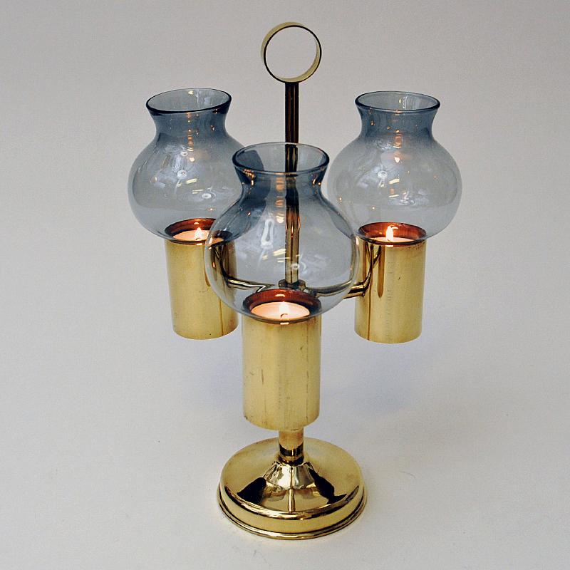 Norwegian Brass Candleholder with Three Arms and Smoked Glass Shades, 1960s For Sale 3
