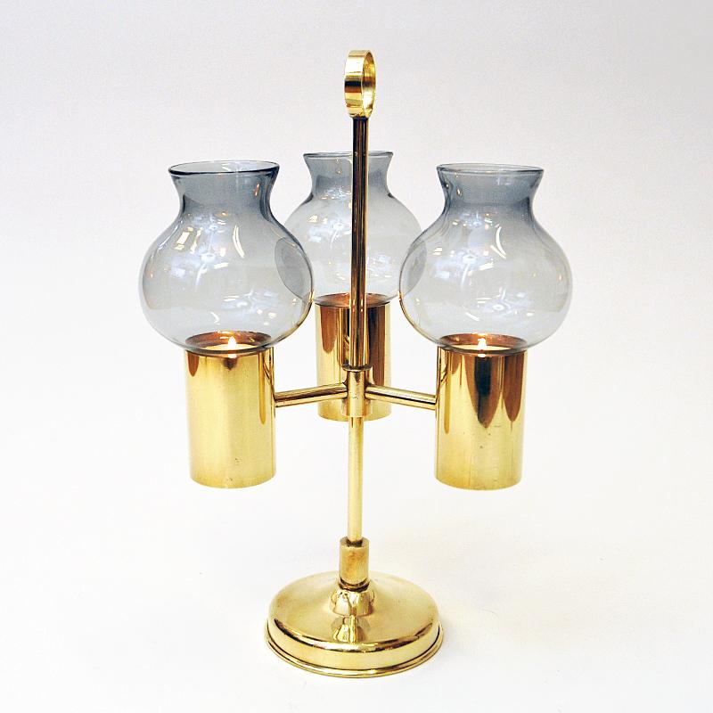 Norwegian Brass Candleholder with Three Arms and Smoked Glass Shades, 1960s For Sale 4