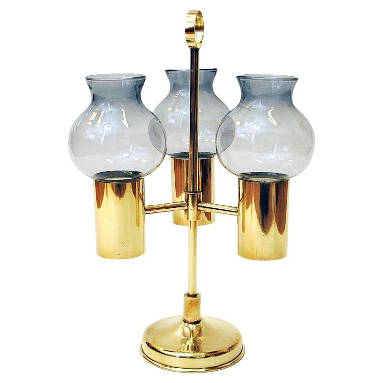 Norwegian Brass Candleholder with Three Arms and Smoked Glass Shades, 1960s For Sale