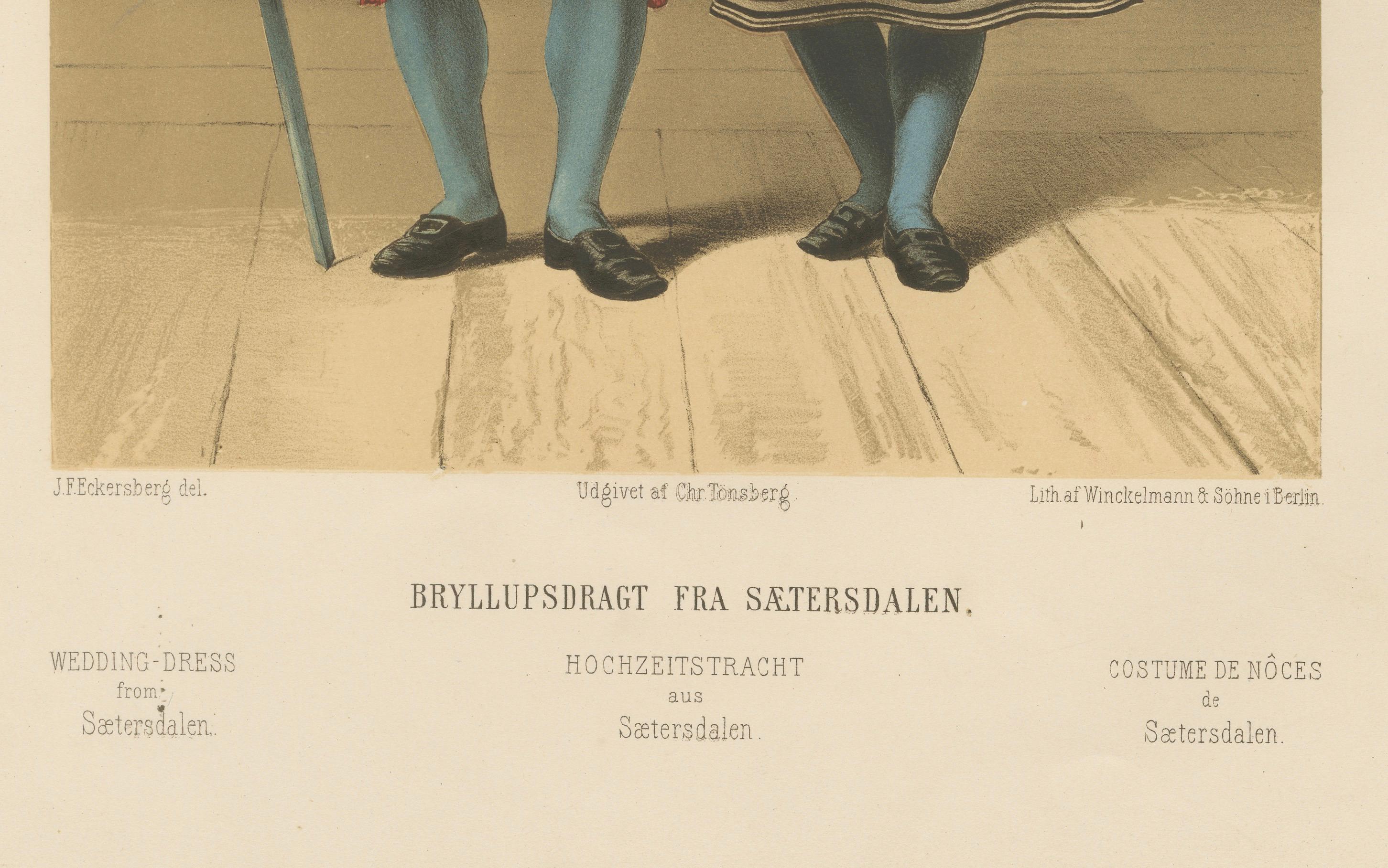 Norwegian Wedding Dress from Saetersdalen – Tonsberg Edition, 1860s

This striking 19th-century chromolithograph shows a bride and groom in full ceremonial wedding dress from Saetersdalen (modern-day Setesdal), a valley region in southern Norway