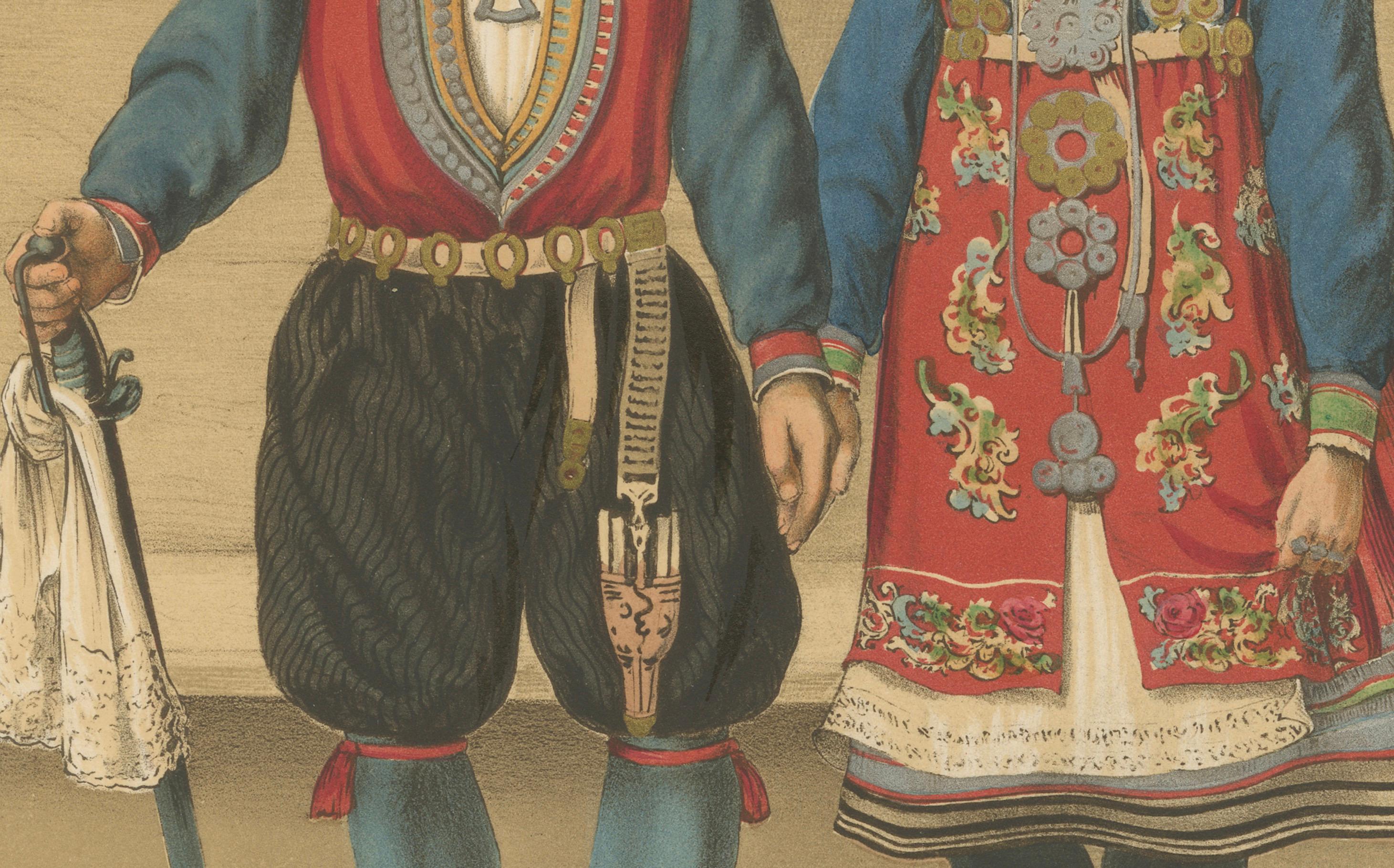 Tedesco Norwegian Bridal Attire – Saetersdalen Couple in Wedding Dress, 19th Century in vendita
