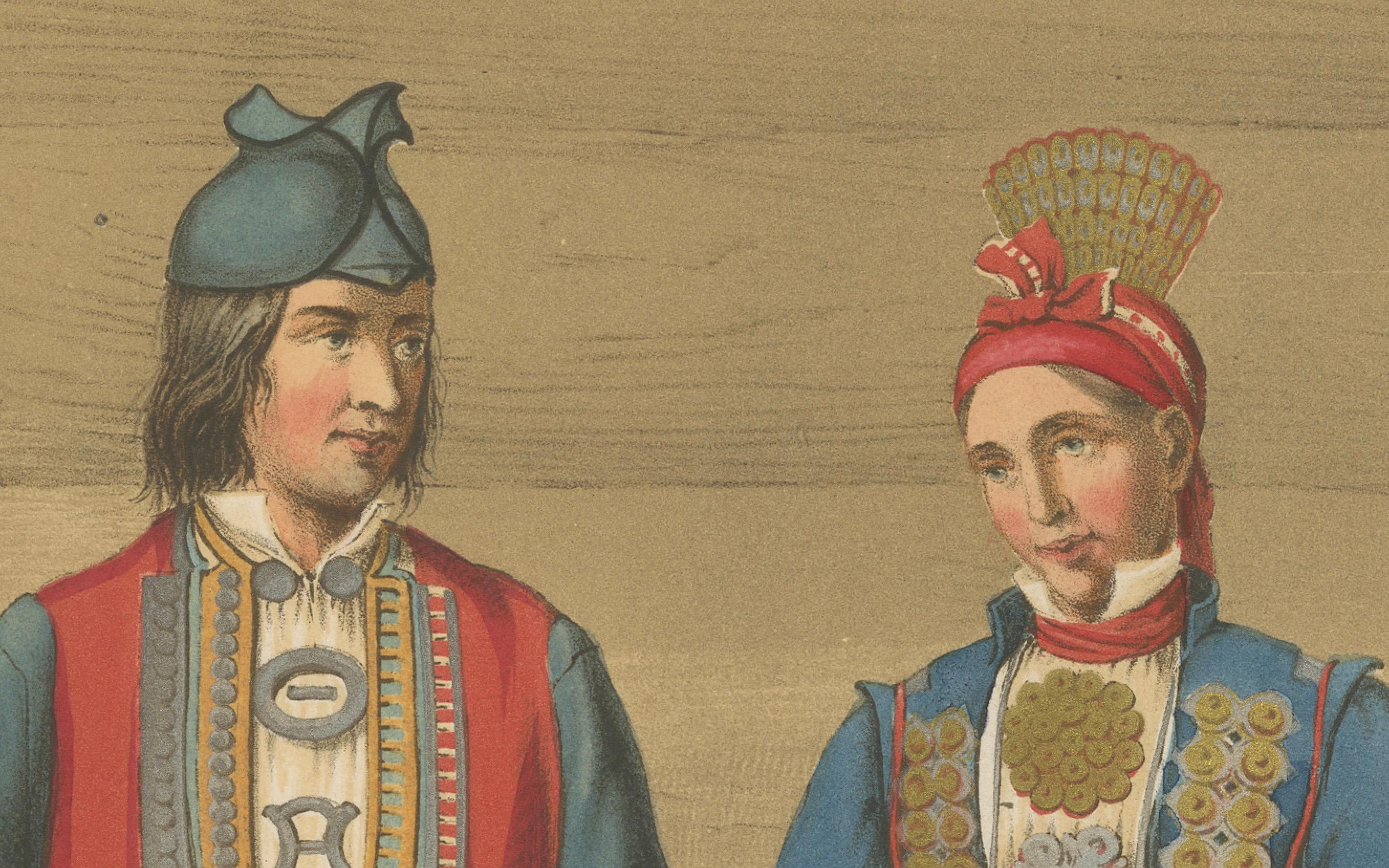 Norwegian Bridal Attire – Saetersdalen Couple in Wedding Dress, 19th Century In condizioni buone in vendita a Langweer, NL